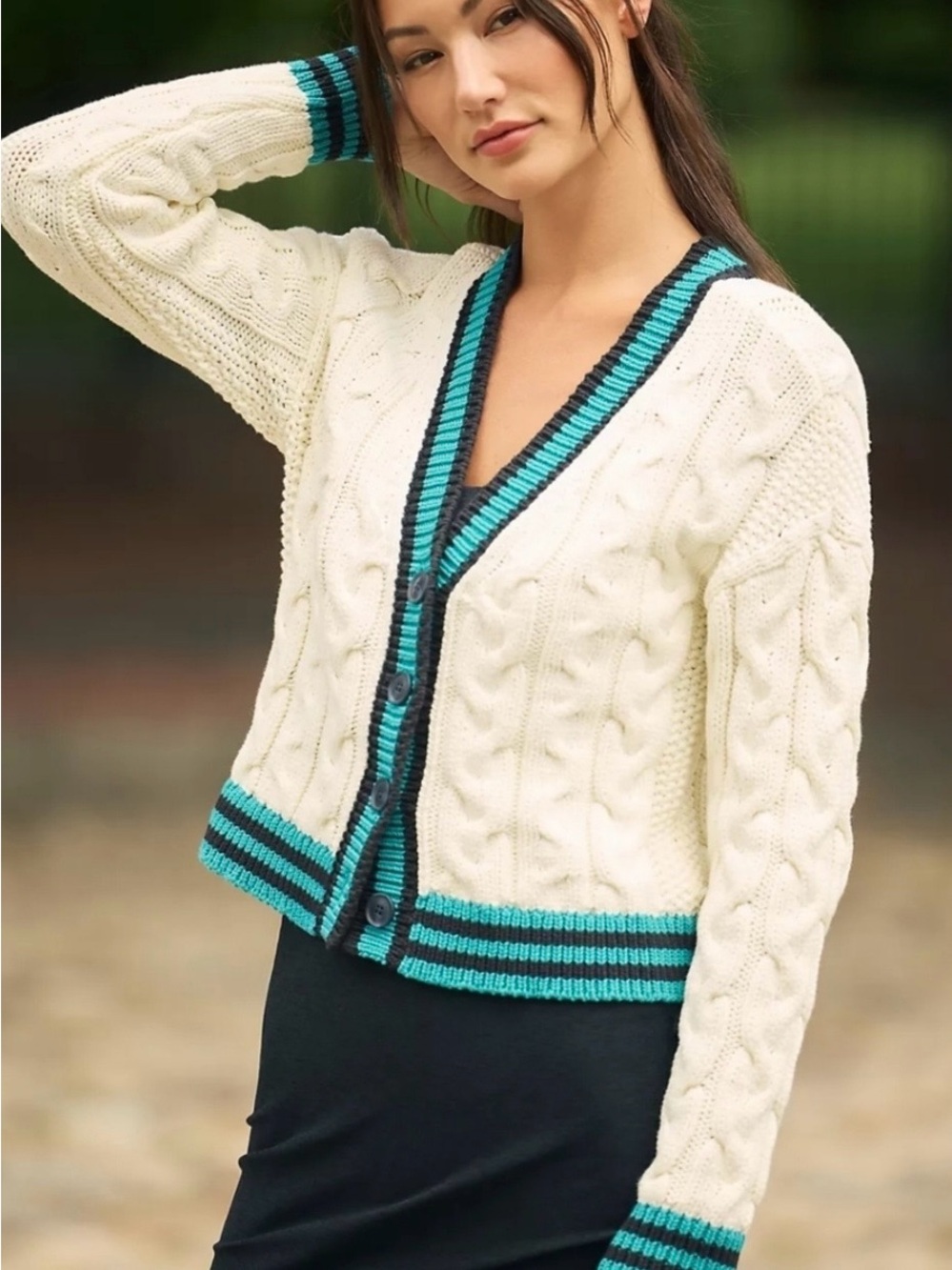 Maeve Cream Cable-Knit Varsity Cardigan with Teal and Black Trim